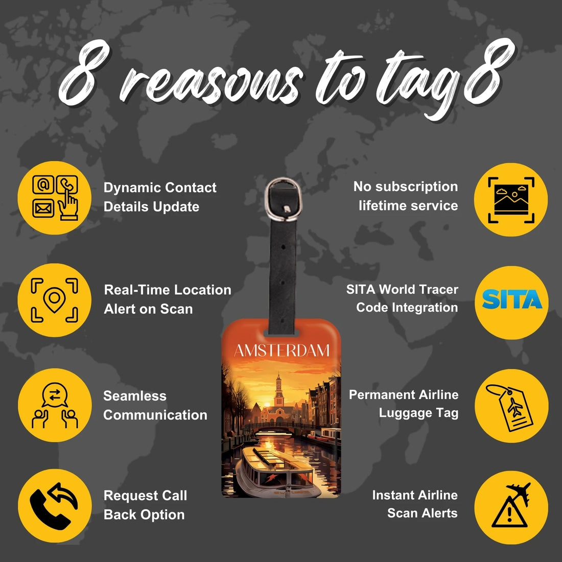 Amsterdam QR Bag Tag by tag8 with secure QR code