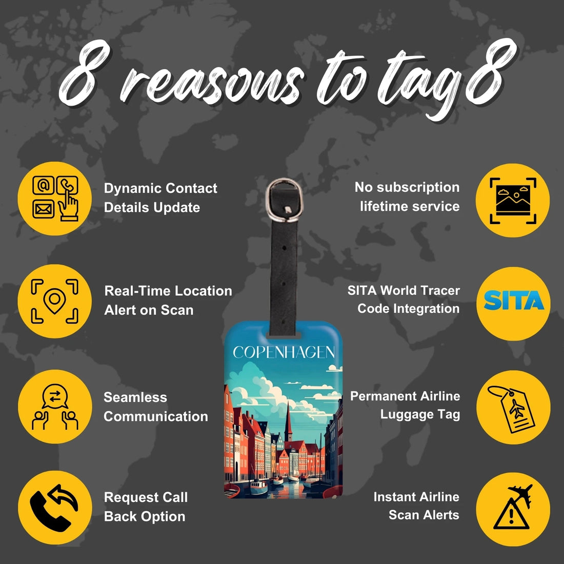 Copenhagen QR Bag Tag by tag8 for lost luggage recovery