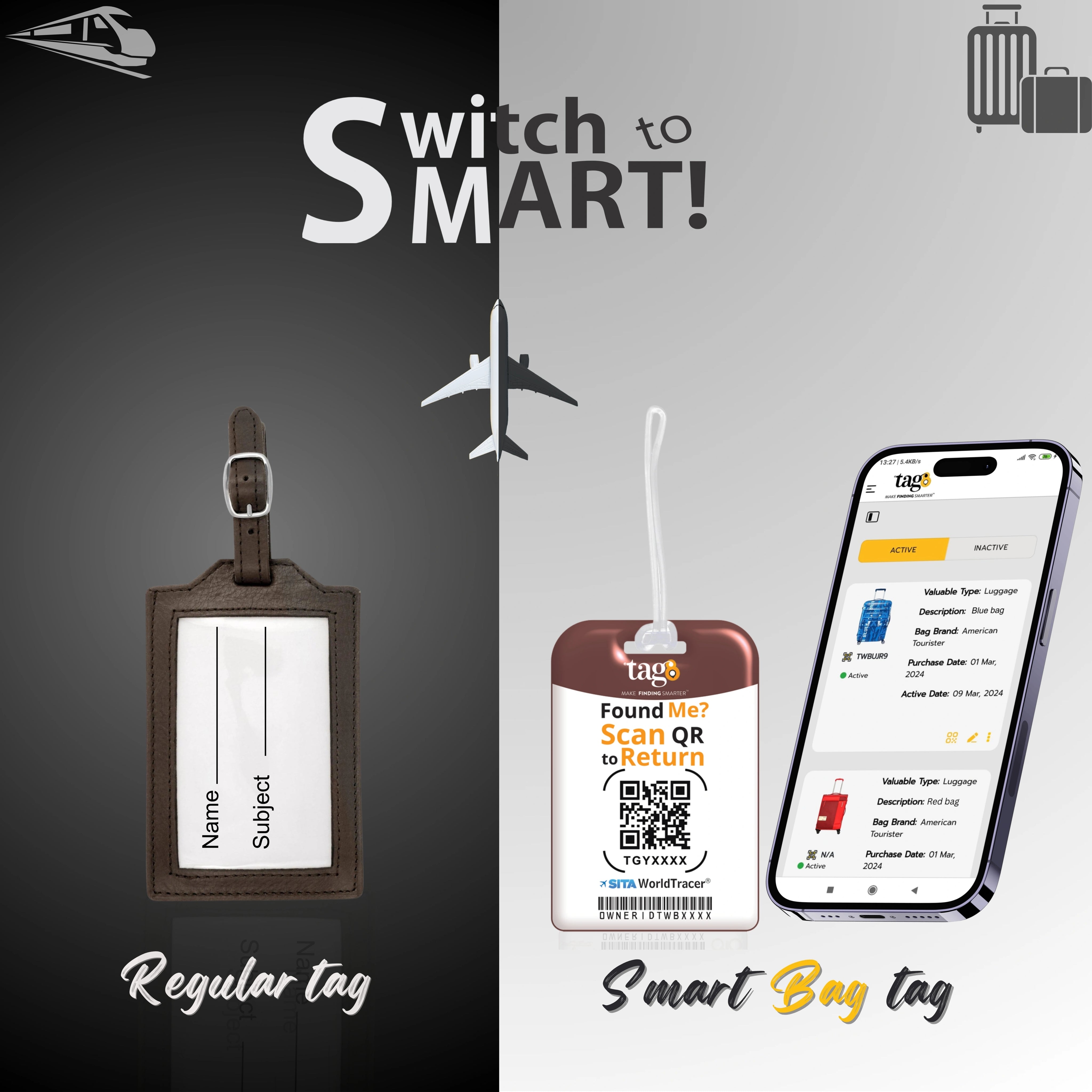 QR tag for bag with initial T