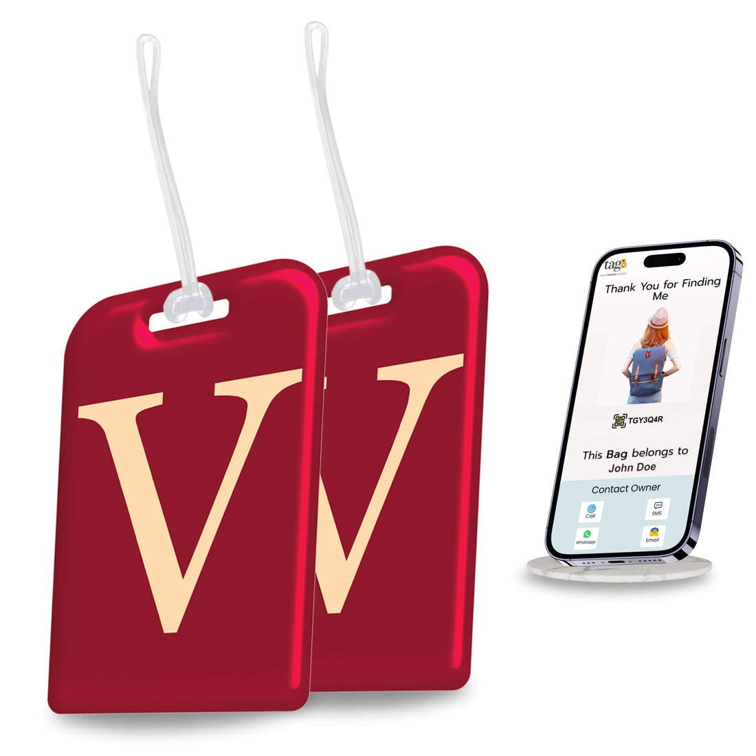 QR tag for bag with initial V