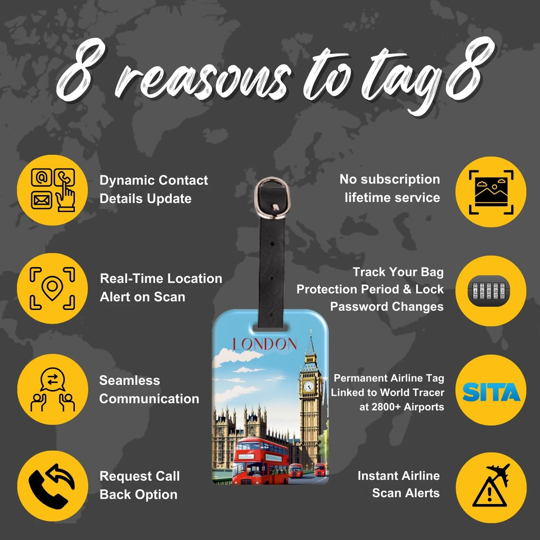 London QR Bag Tag by tag8 for secure tracking