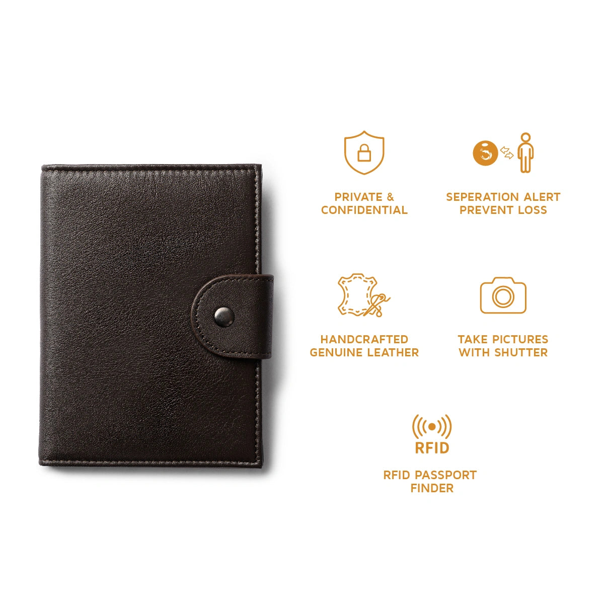 Orbit Smart Passport Holder Bi-Fold in Brown leather with Dolphin Max tracker attached to a passport and travel essentials