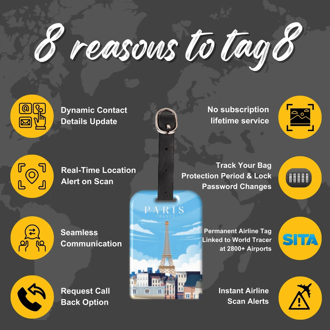 Paris QR Bag Tag by tag8 with smart tracking