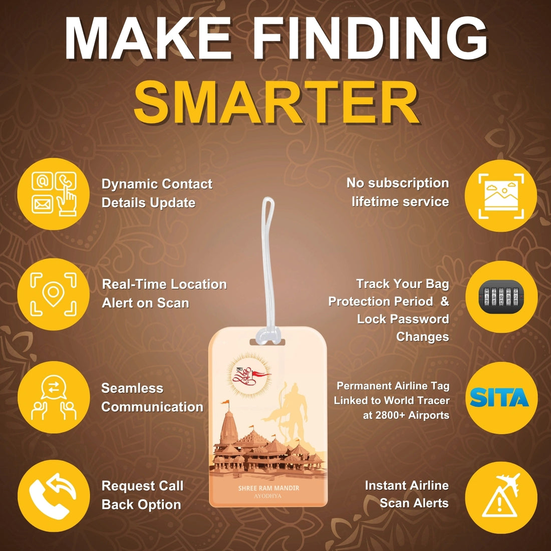 Ram Mandir Ayodhya Luggage QR Tag in brown for quick identification