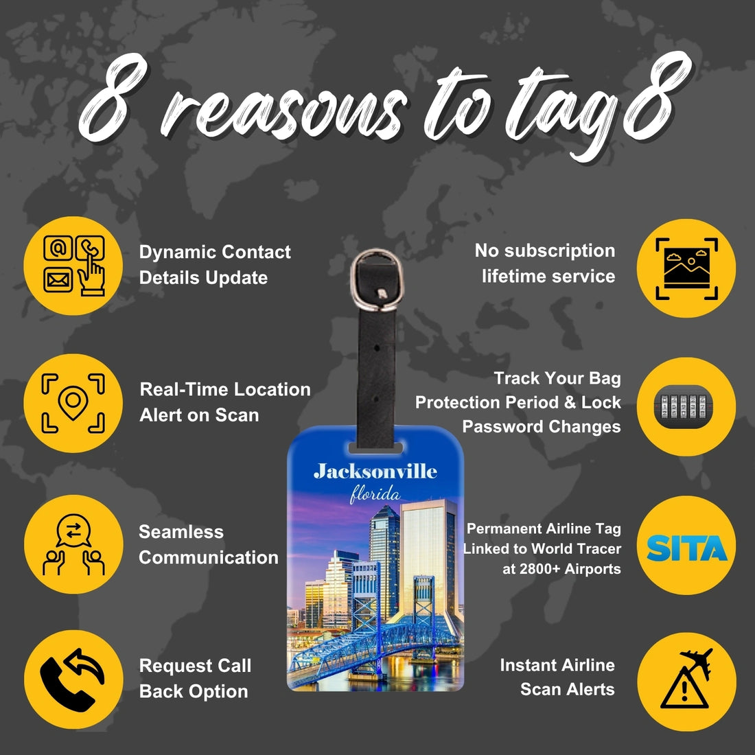 tag8 Jacksonville FL  Bag Tag with elegant design and smart QR code for hassle-free identification and lost & found assistance