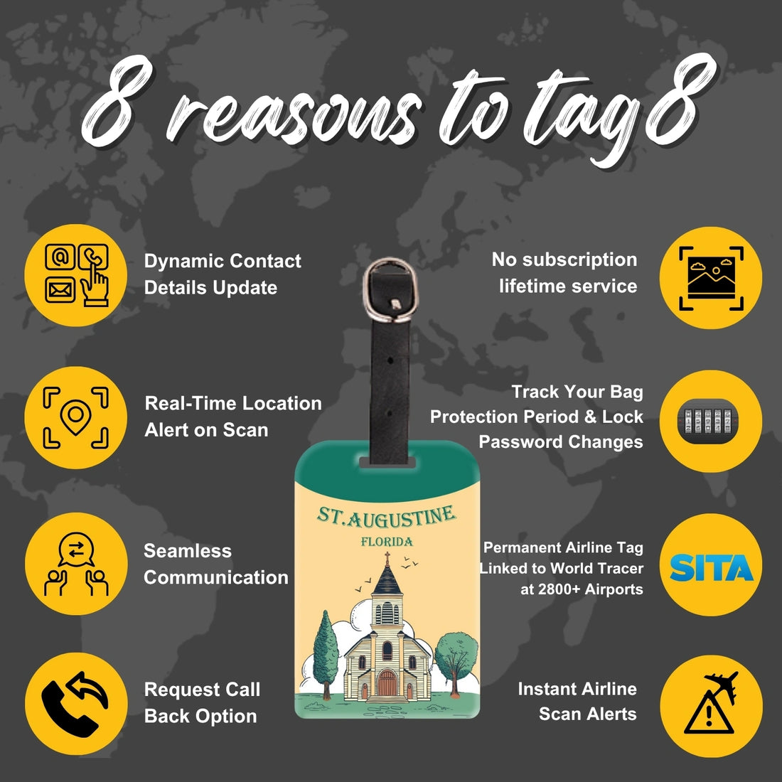 tag8 ST. Augustine FL Bag Tag with elegant design and smart QR code for hassle-free identification and lost & found assistance