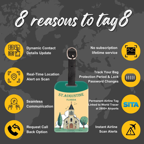 tag8 ST. Augustine FL Bag Tag with elegant design and smart QR code for hassle-free identification and lost & found assistance