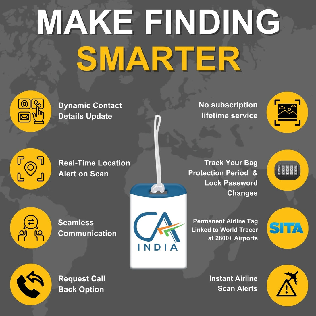 CA India smart bag tag with QR code by tag8