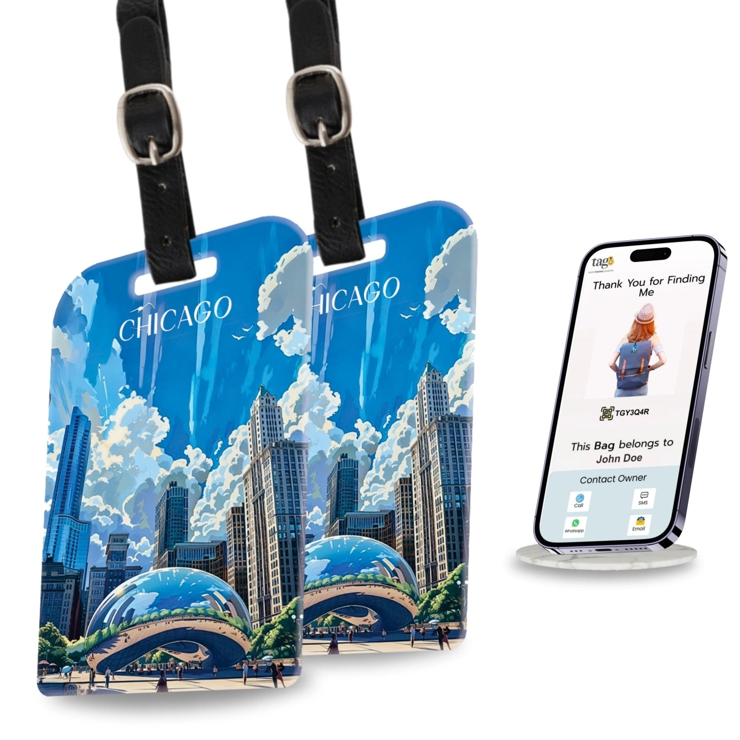tag8 Chicago Bag Tag with stylish design and smart QR code for easy identification and lost & found recovery