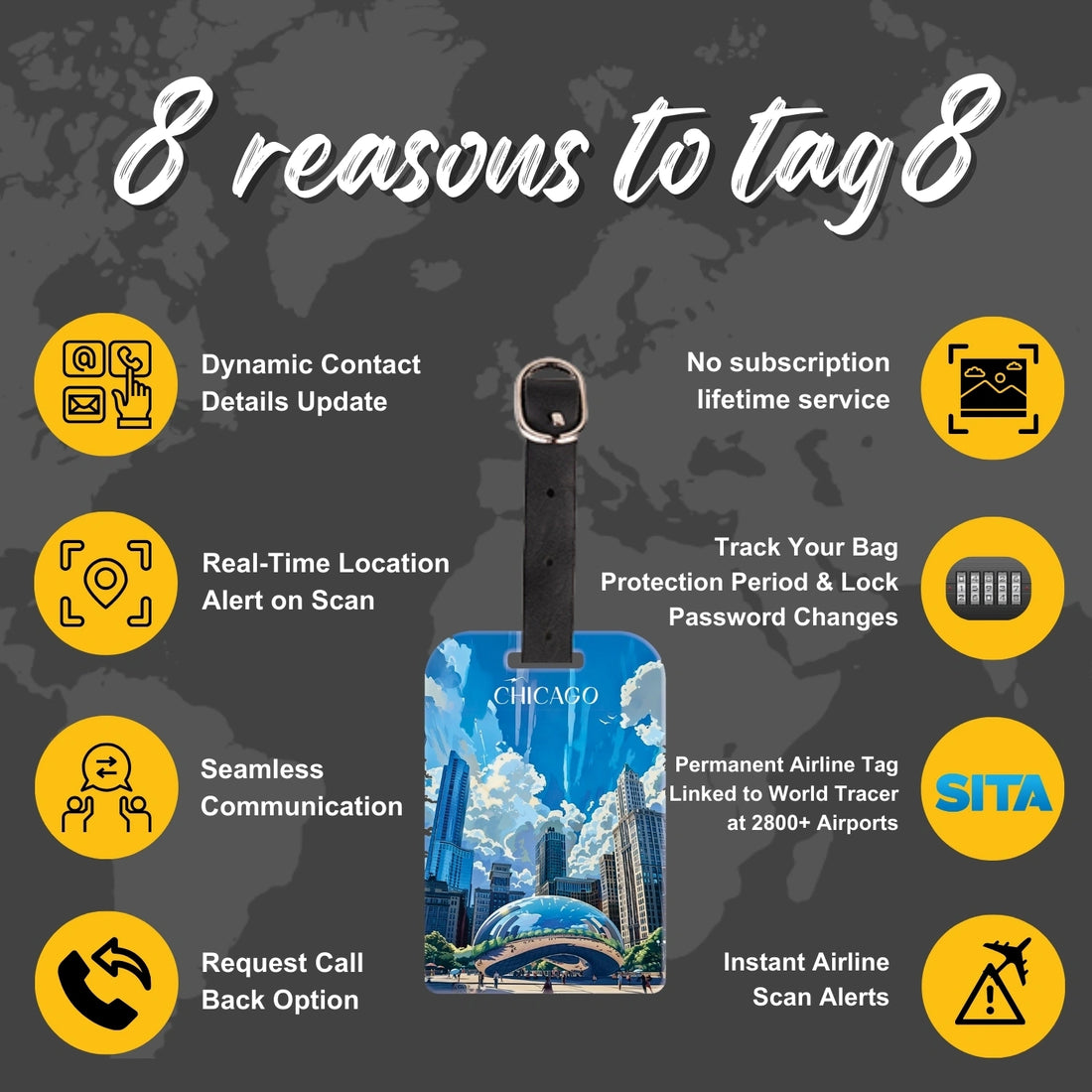 tag8 Chicago Bag Tag with stylish design and smart QR code for easy identification and lost & found recovery