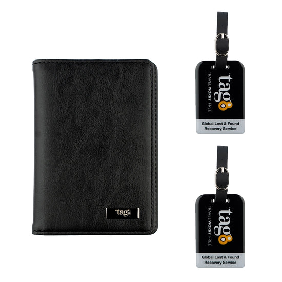 tag8 Combo of Vegan Passport Case and 2 Bag Tags for eco-friendly travel and luggage tracking