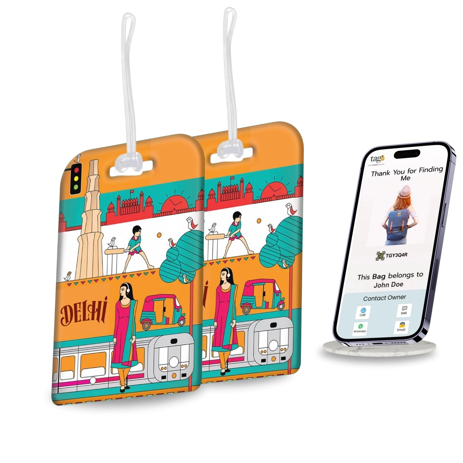 Delhi city-themed smart bag security tag with QR code by tag8