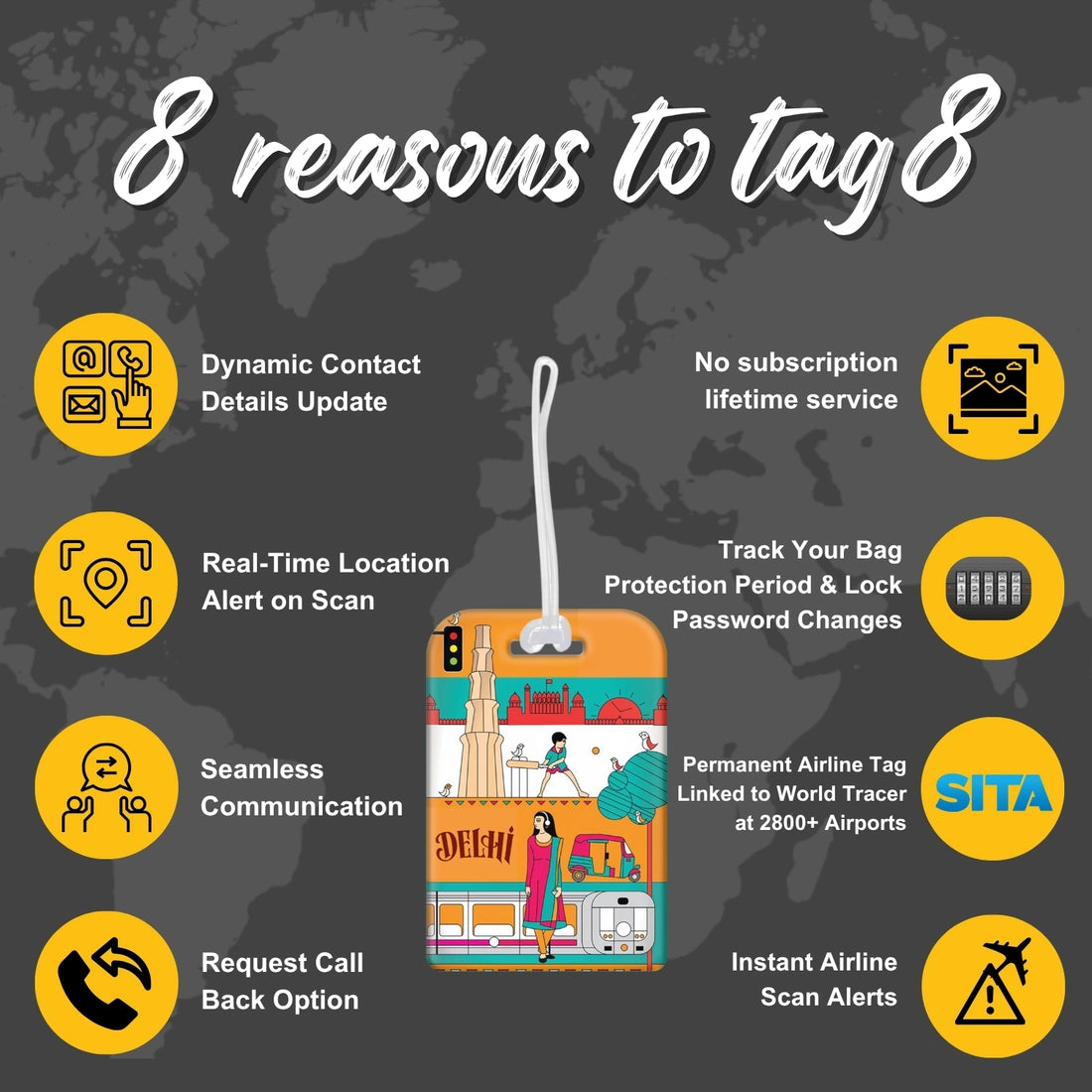 Delhi city-themed smart bag security tag with QR code by tag8