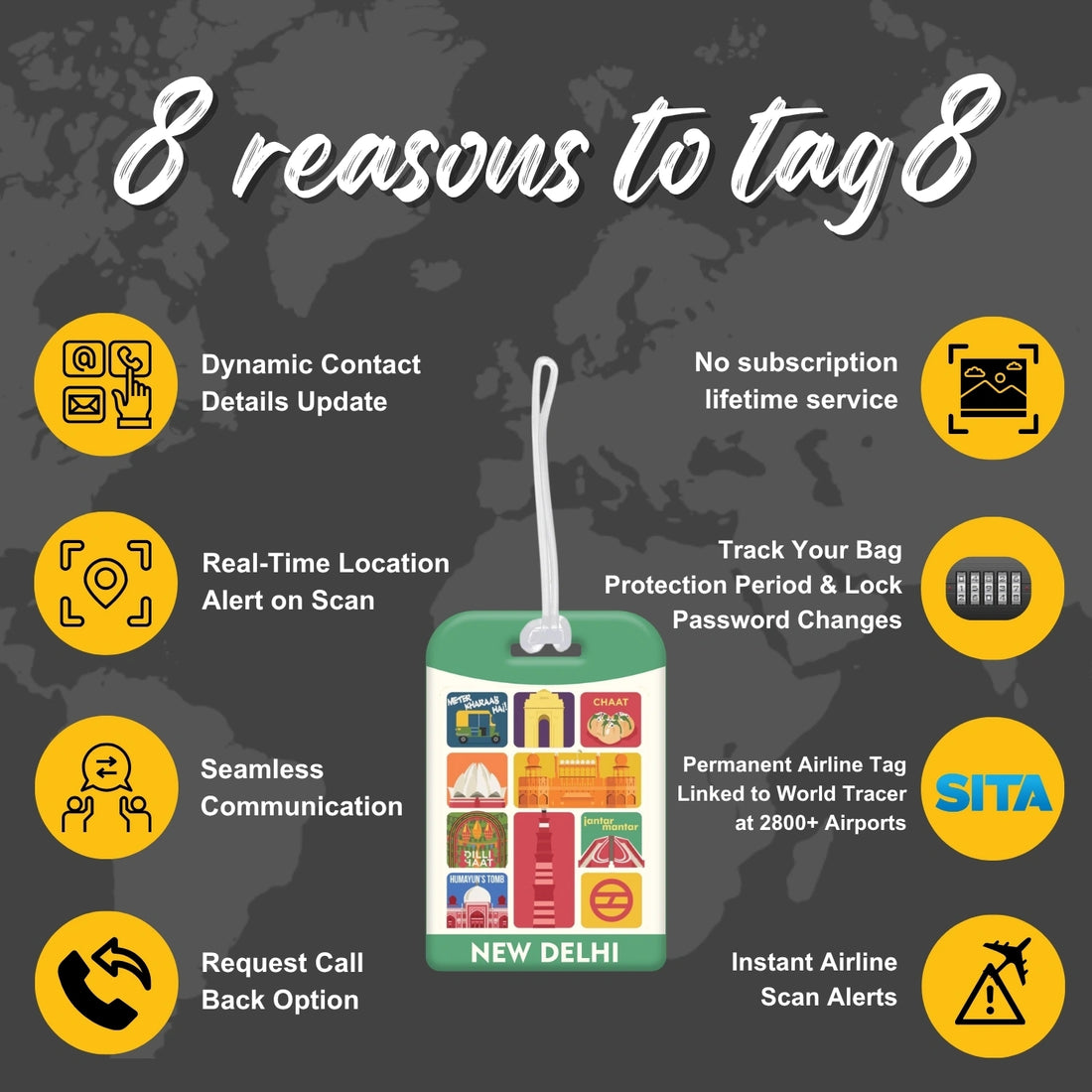 Delhi collage design smart bag security tag with QR code by tag8