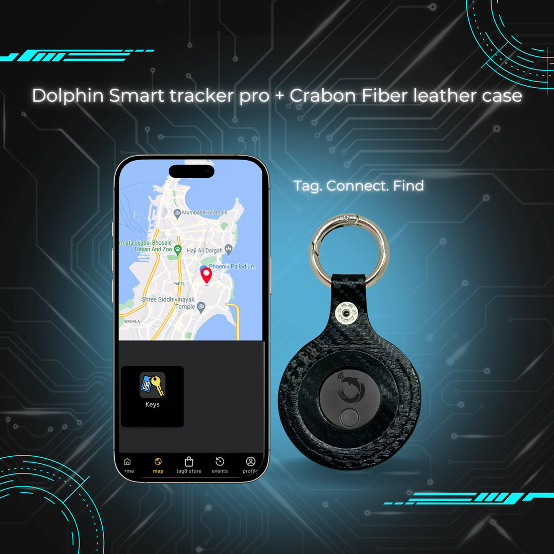 tag8 Dolphin Pro Tracker with premium carbon fiber case for enhanced security and tracking