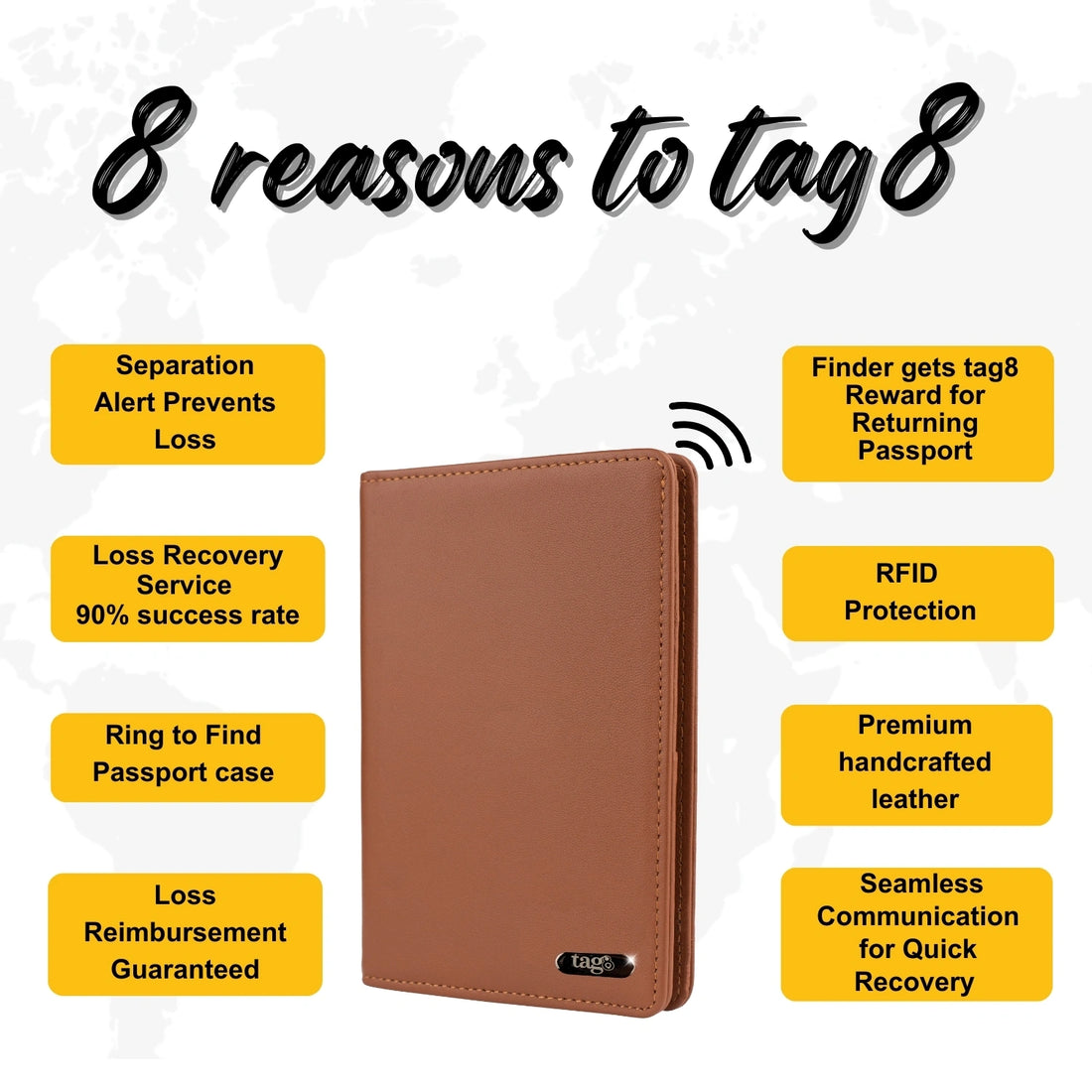 tag8 Dolphin Smart Leather Passport Tracker with premium leather case for secure and smart travel tracking