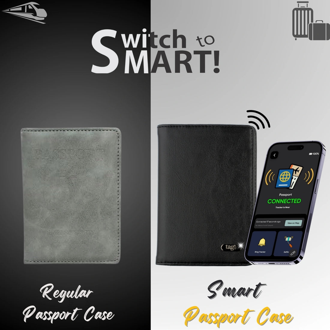 tag8 Dolphin Smart Leather Passport Tracker with premium leather case for secure and smart travel tracking