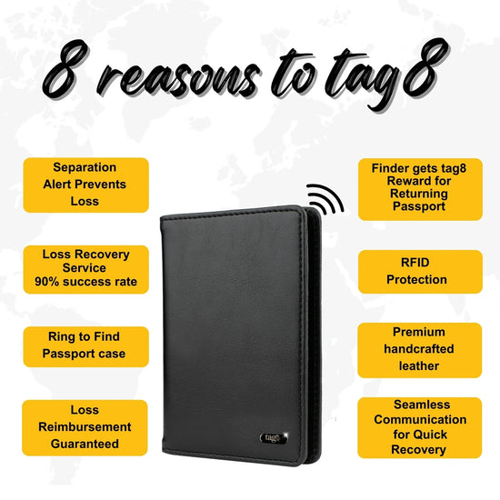 tag8 Dolphin Smart Leather Passport Tracker with premium leather case for secure and smart travel tracking