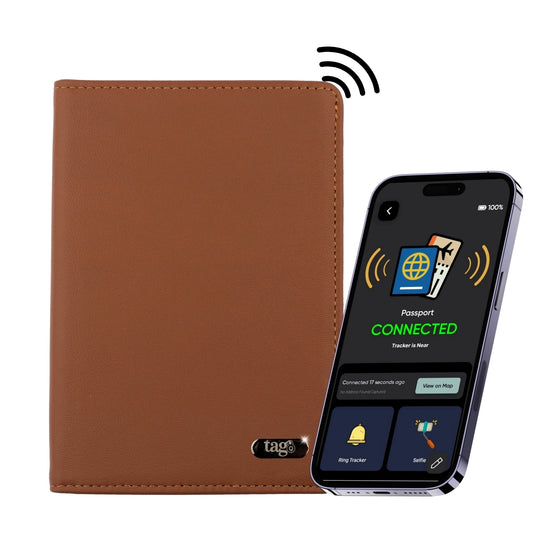tag8 Dolphin Smart Leather Passport Tracker with premium leather case for secure and smart travel tracking