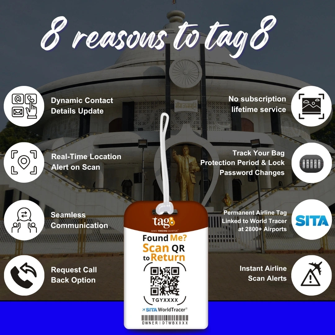 Dr B.R. Ambedkar travel theme smart bag tag with QR code by tag8