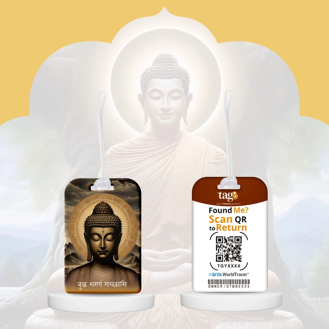 Gautam Buddha travel theme smart bag tag with QR code by tag8