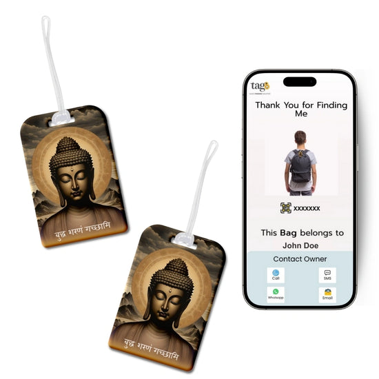 Gautam Buddha travel theme smart bag tag with QR code by tag8