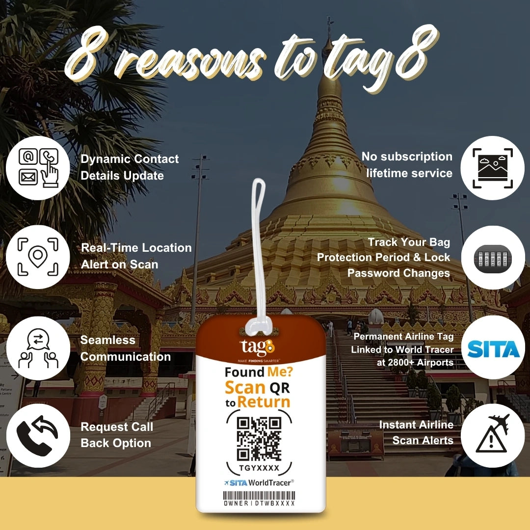 Gautam Buddha travel theme smart bag tag with QR code by tag8