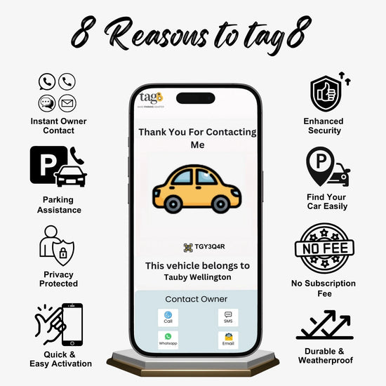 tag8 Genie Vehicle Emergency Tag with Auto Link for instant roadside assistance and emergency support