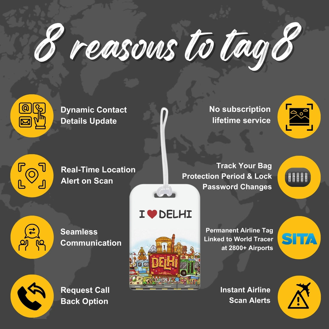 I Love Delhi city-themed smart bag security tag with QR code by tag8