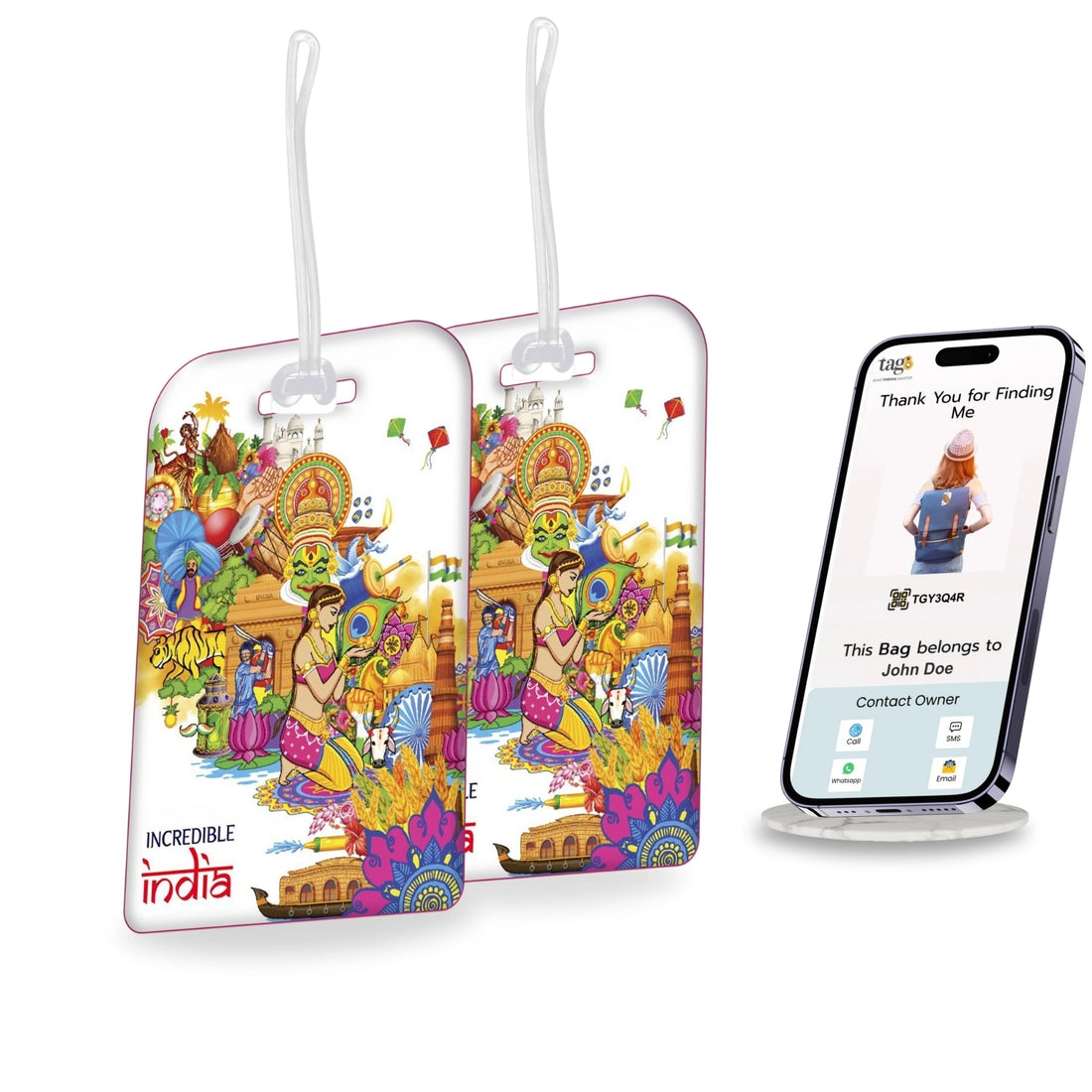 Incredible India culture-themed smart bag security tag with QR code by tag8