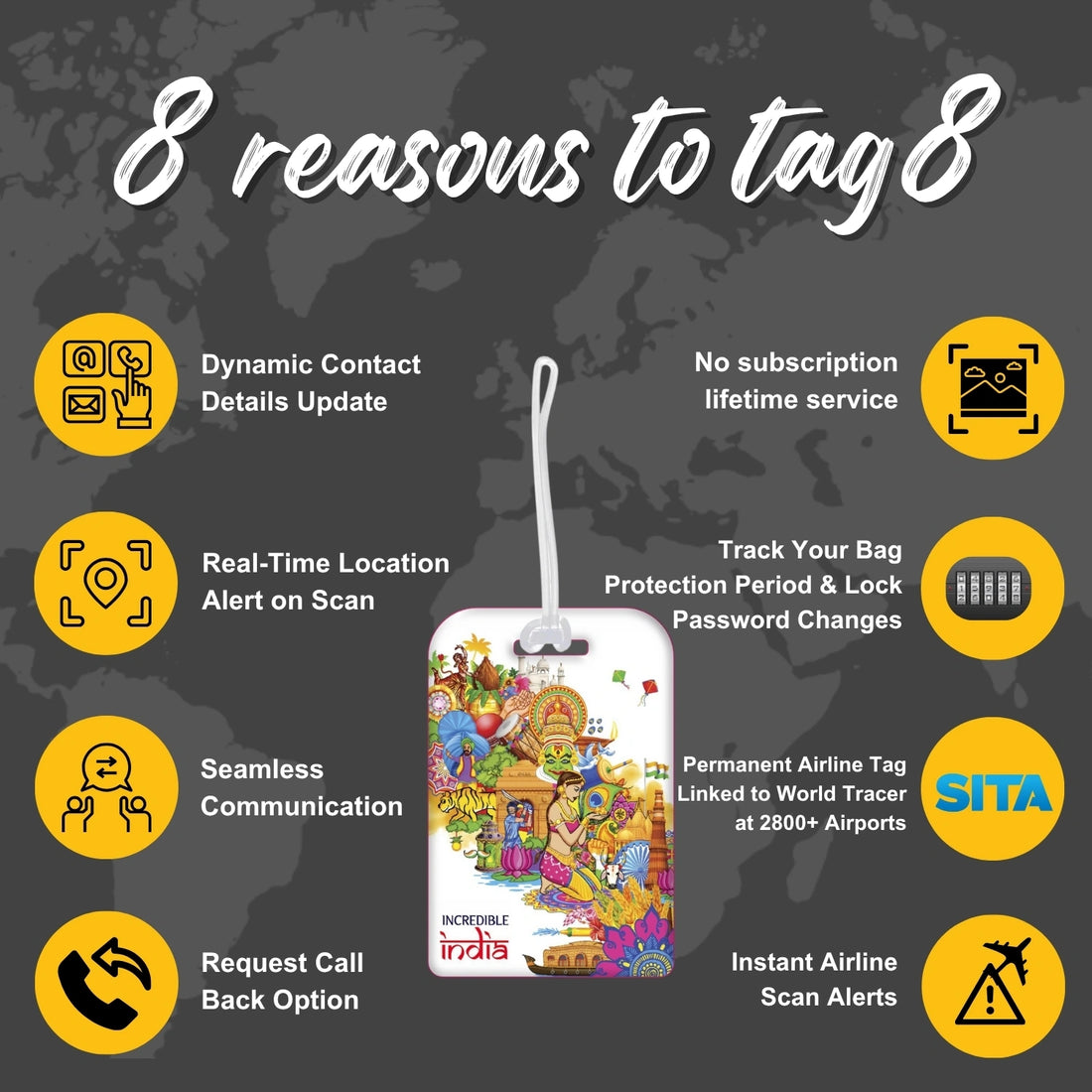 Incredible India culture-themed smart bag security tag with QR code by tag8