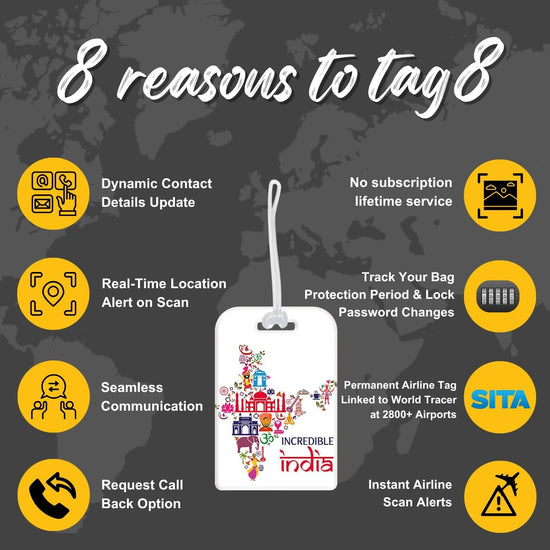 Incredible India map design smart bag security tag with QR code by tag8