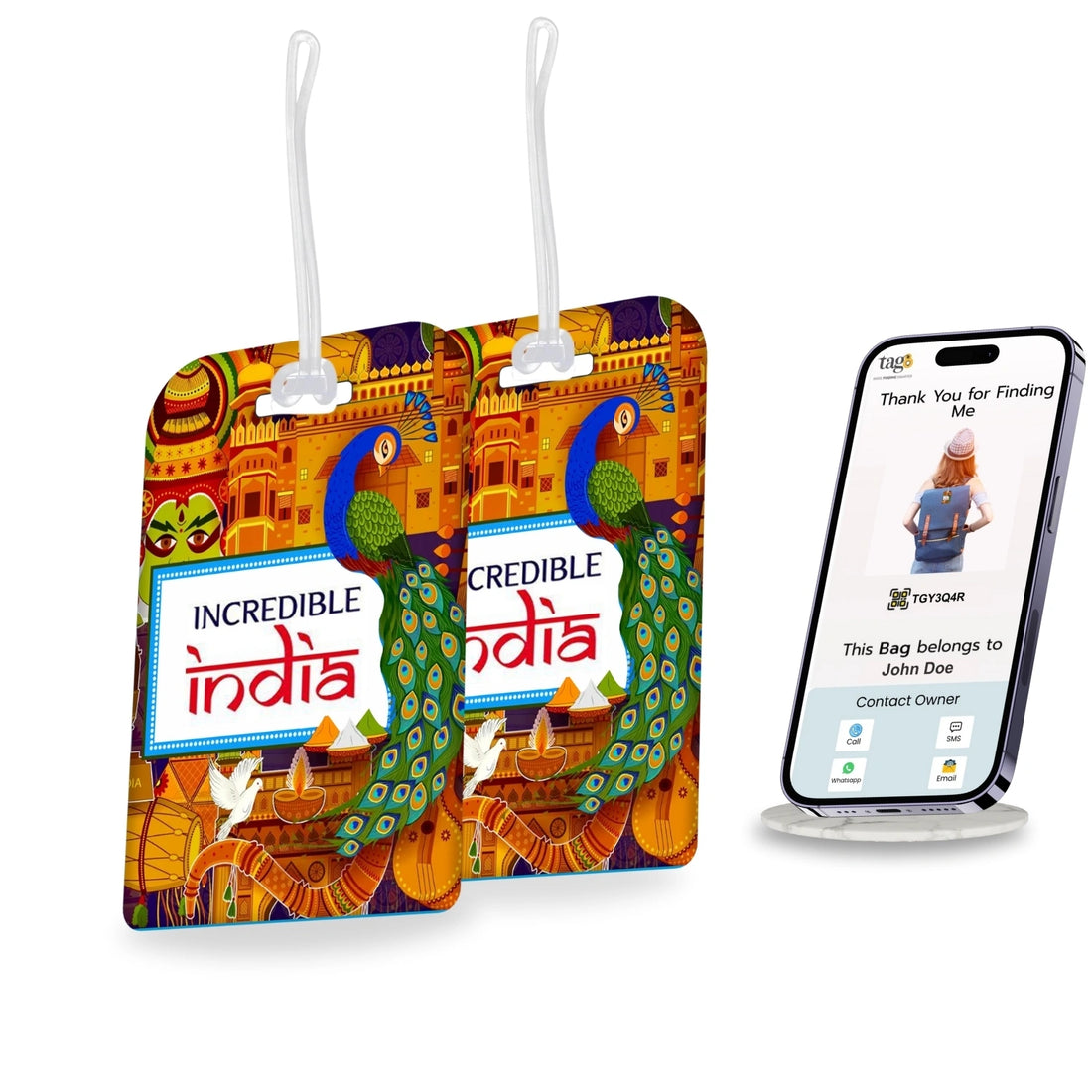 Incredible India peacock design smart bag security tag with QR code by tag8
