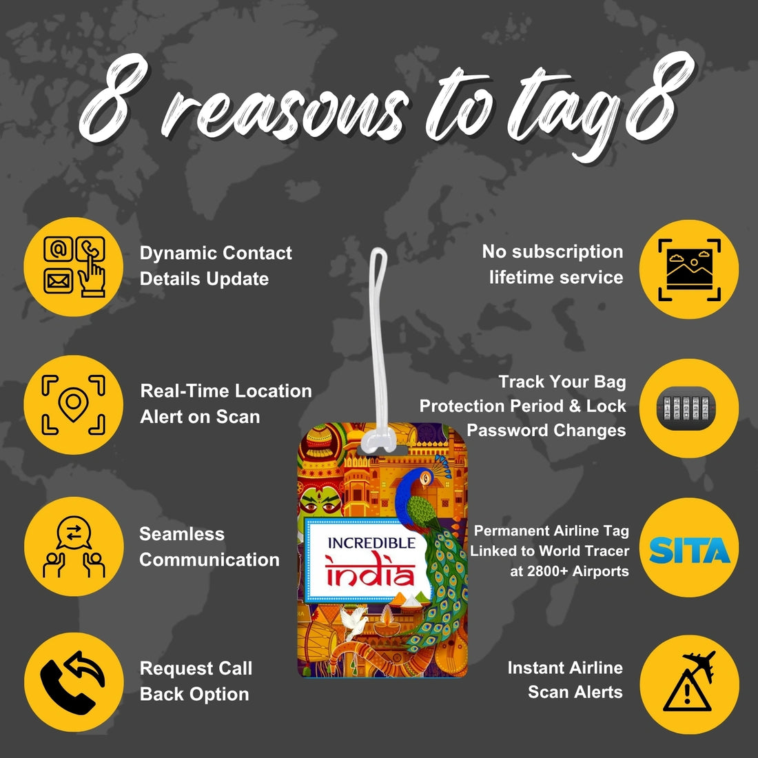 Incredible India peacock design smart bag security tag with QR code by tag8