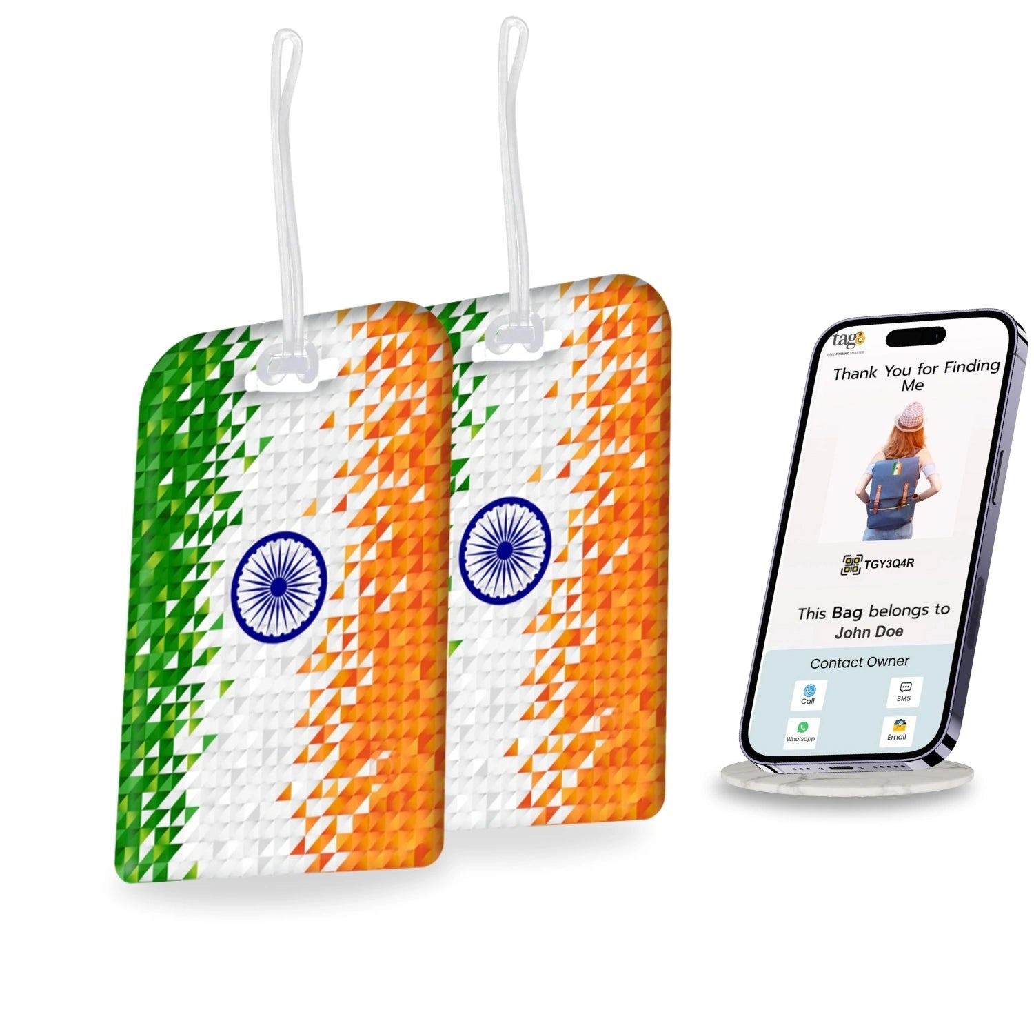 India flag colour pixel design smart bag security tag with QR code by tag8