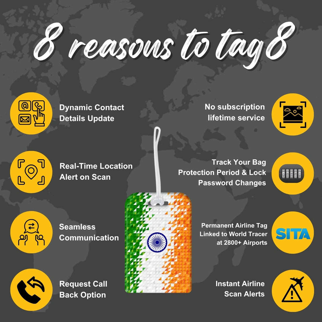 India flag colour pixel design smart bag security tag with QR code by tag8