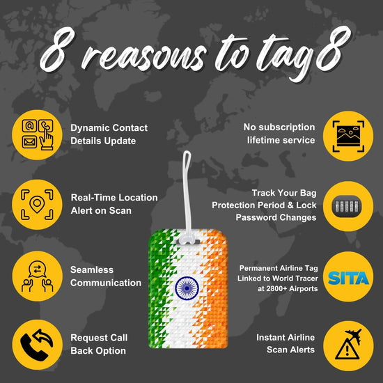 India flag colour pixel design smart bag security tag with QR code by tag8