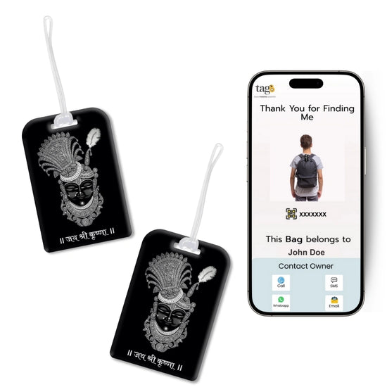 Lord Krishna black theme smart bag tag with QR code by tag8