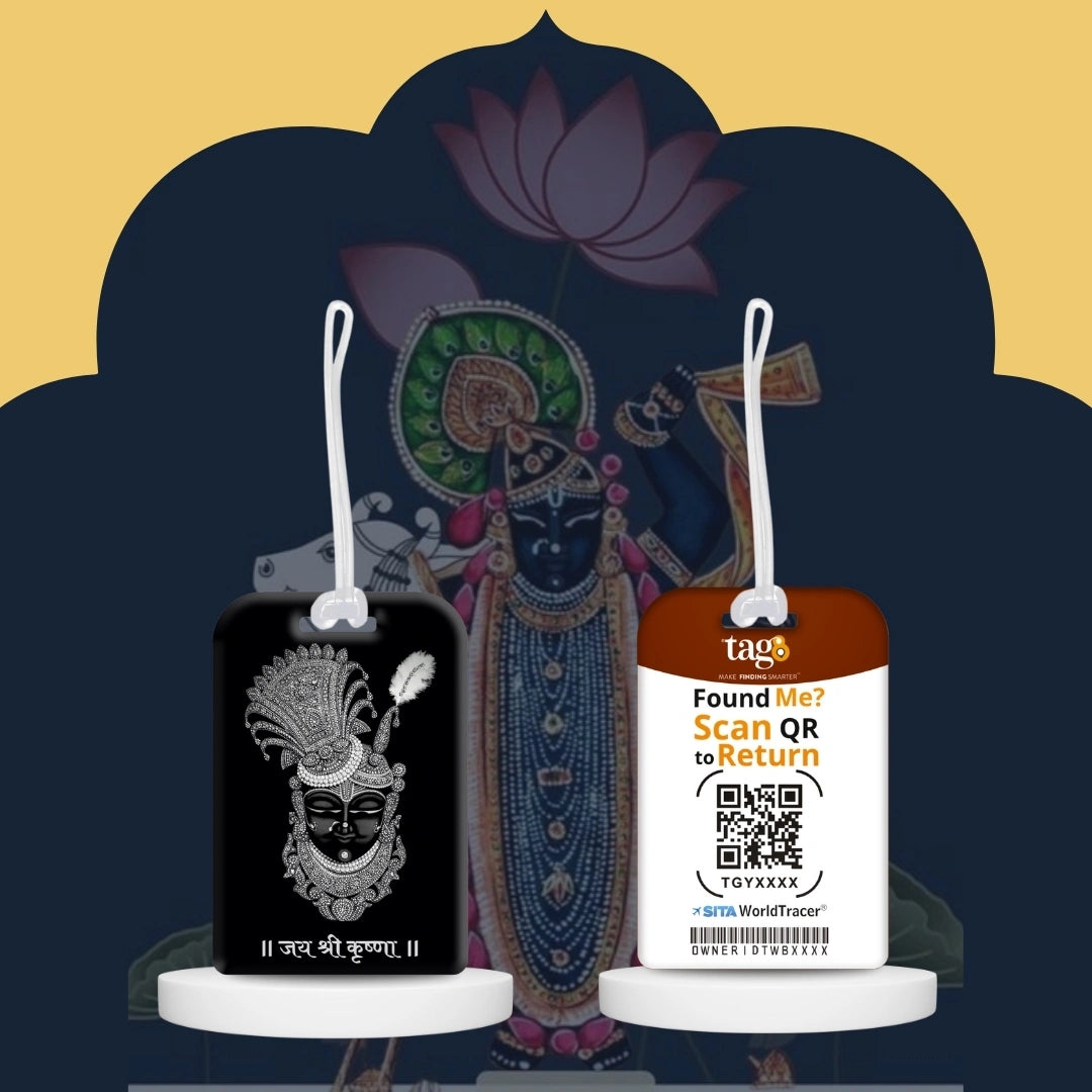 Lord Krishna black theme smart bag tag with QR code by tag8