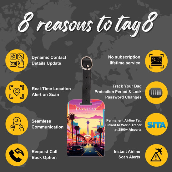 tag8 Las Vegas Bag Tag featuring a bold design with smart QR code for quick identification and secure lost & found support