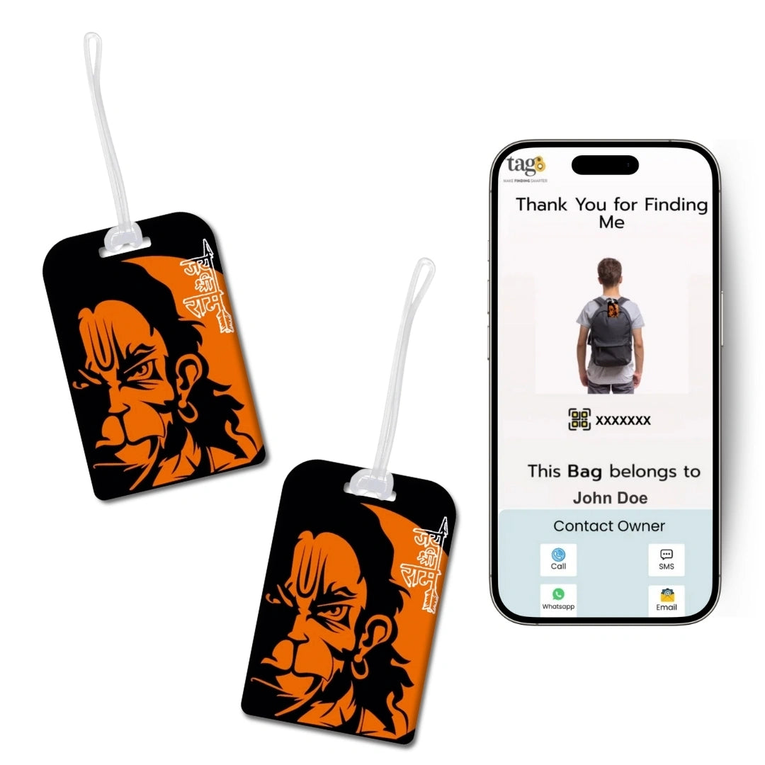 Lord Hanuman Ji smart bag tag pack with digital ID by tag8, airline compliant and SITA-enabled