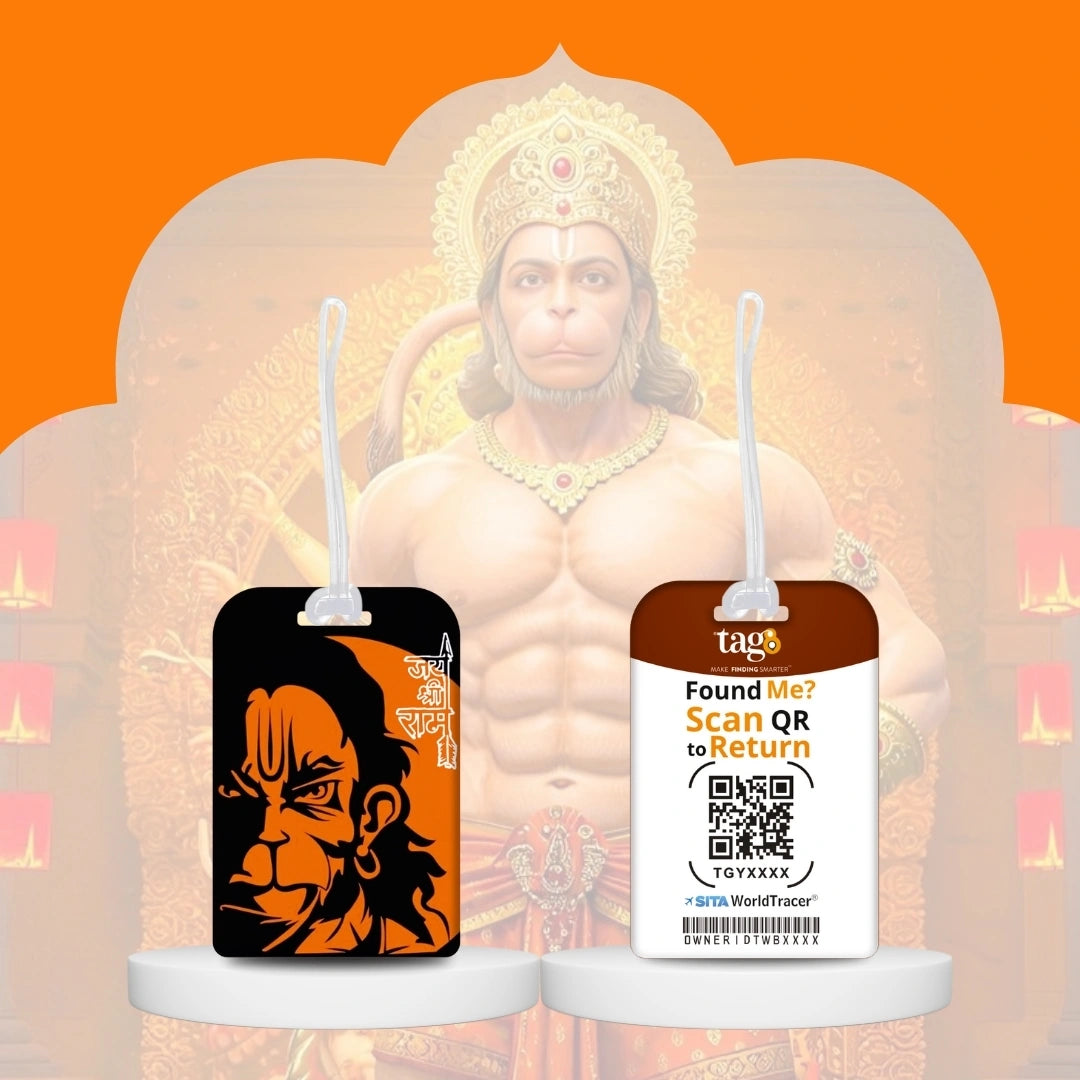 Lord Hanuman Ji smart bag tag pack with digital ID by tag8, airline compliant and SITA-enabled