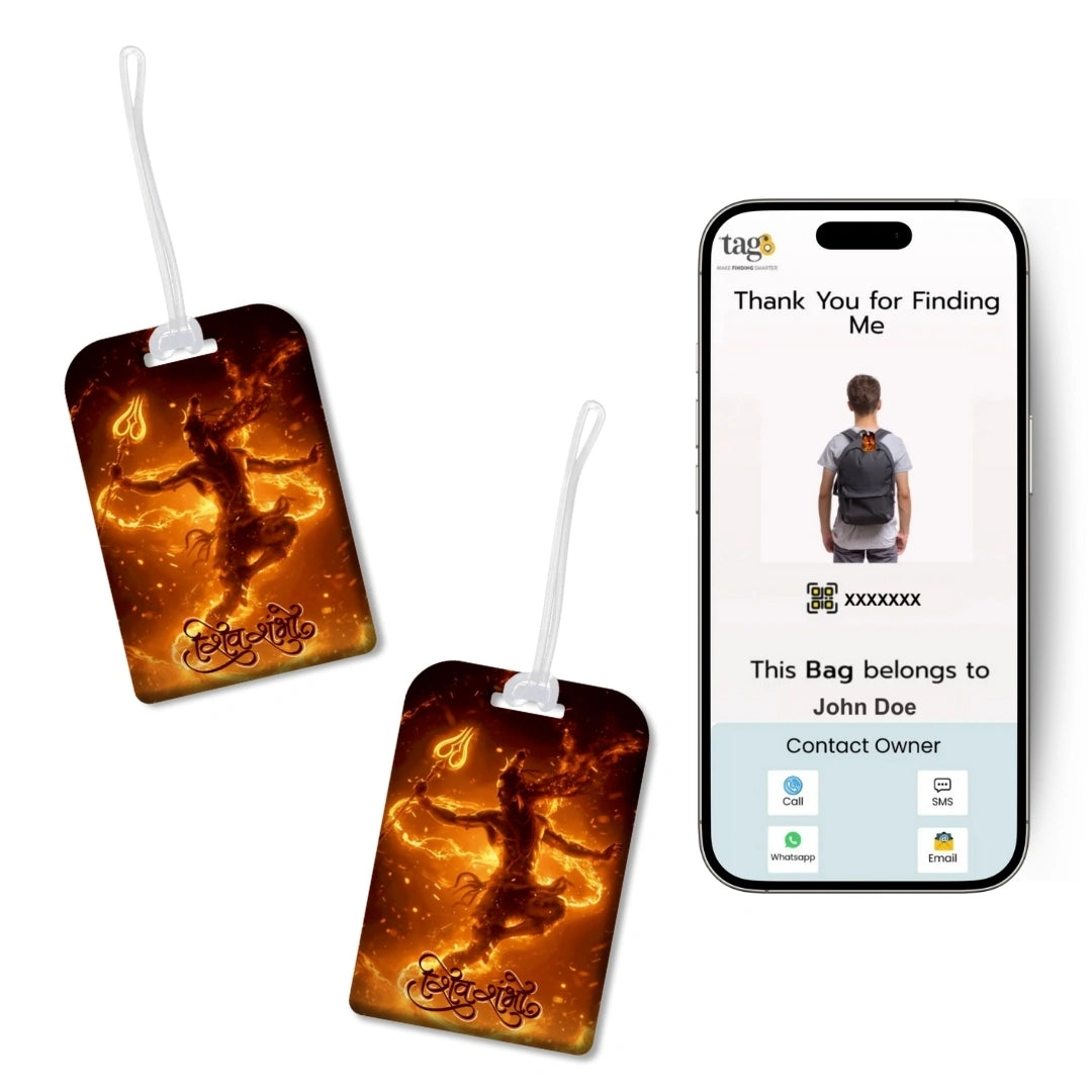 Lord Shiva orange travel theme smart bag tag with QR code by tag8