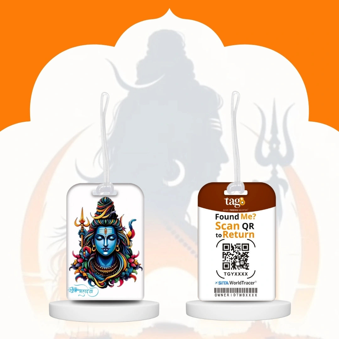 Lord Shiva orange travel theme smart bag tag with QR code by tag8