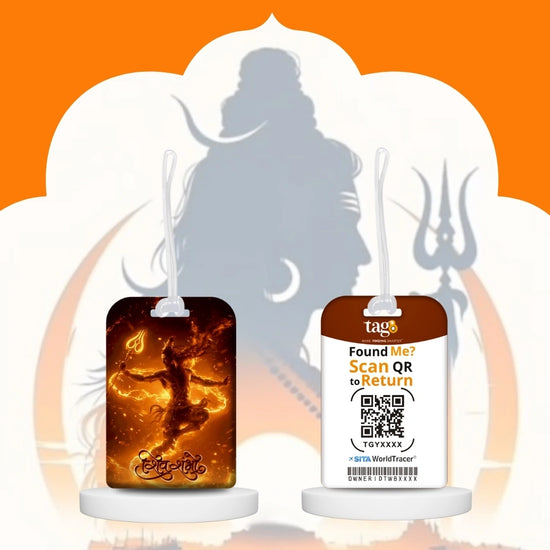 Lord Shiva orange travel theme smart bag tag with QR code by tag8