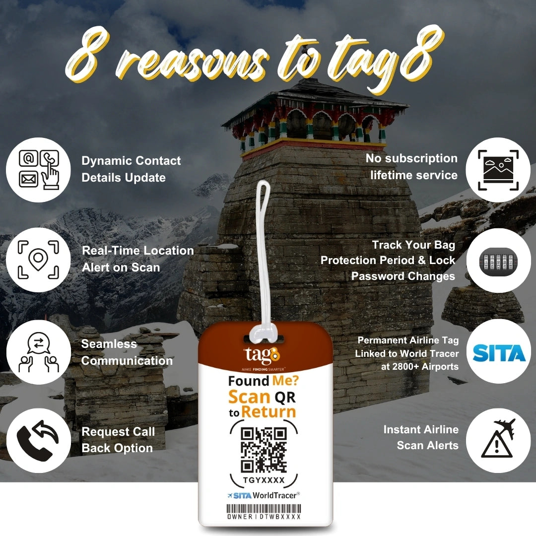 Lord Shiva orange travel theme smart bag tag with QR code by tag8