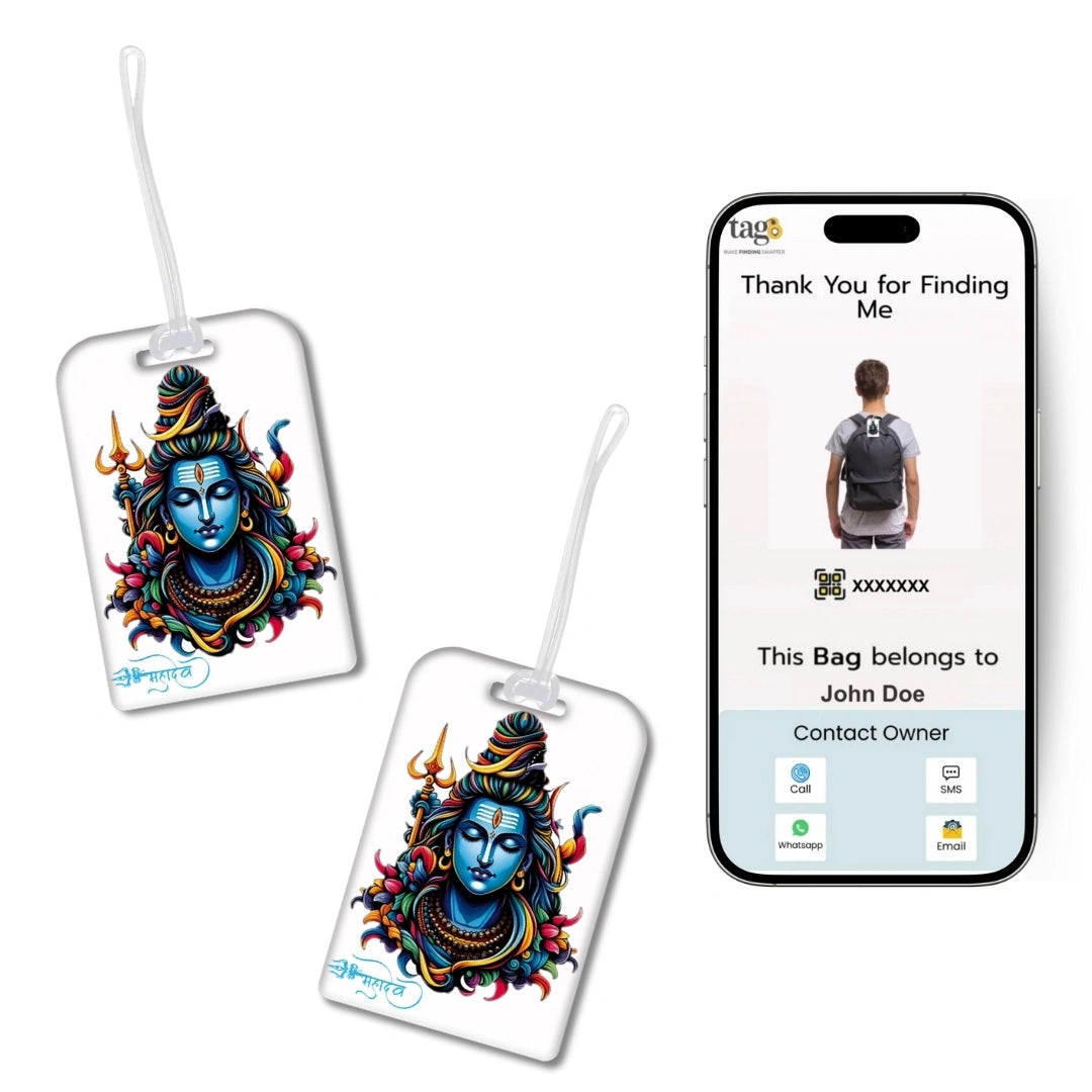 Lord Shiva orange travel theme smart bag tag with QR code by tag8