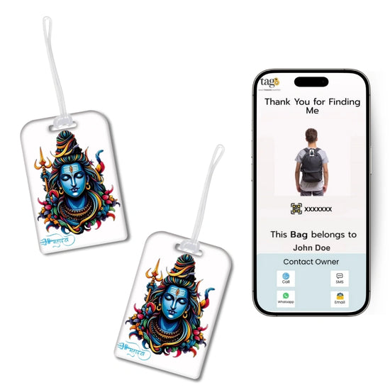 Lord Shiva orange travel theme smart bag tag with QR code by tag8