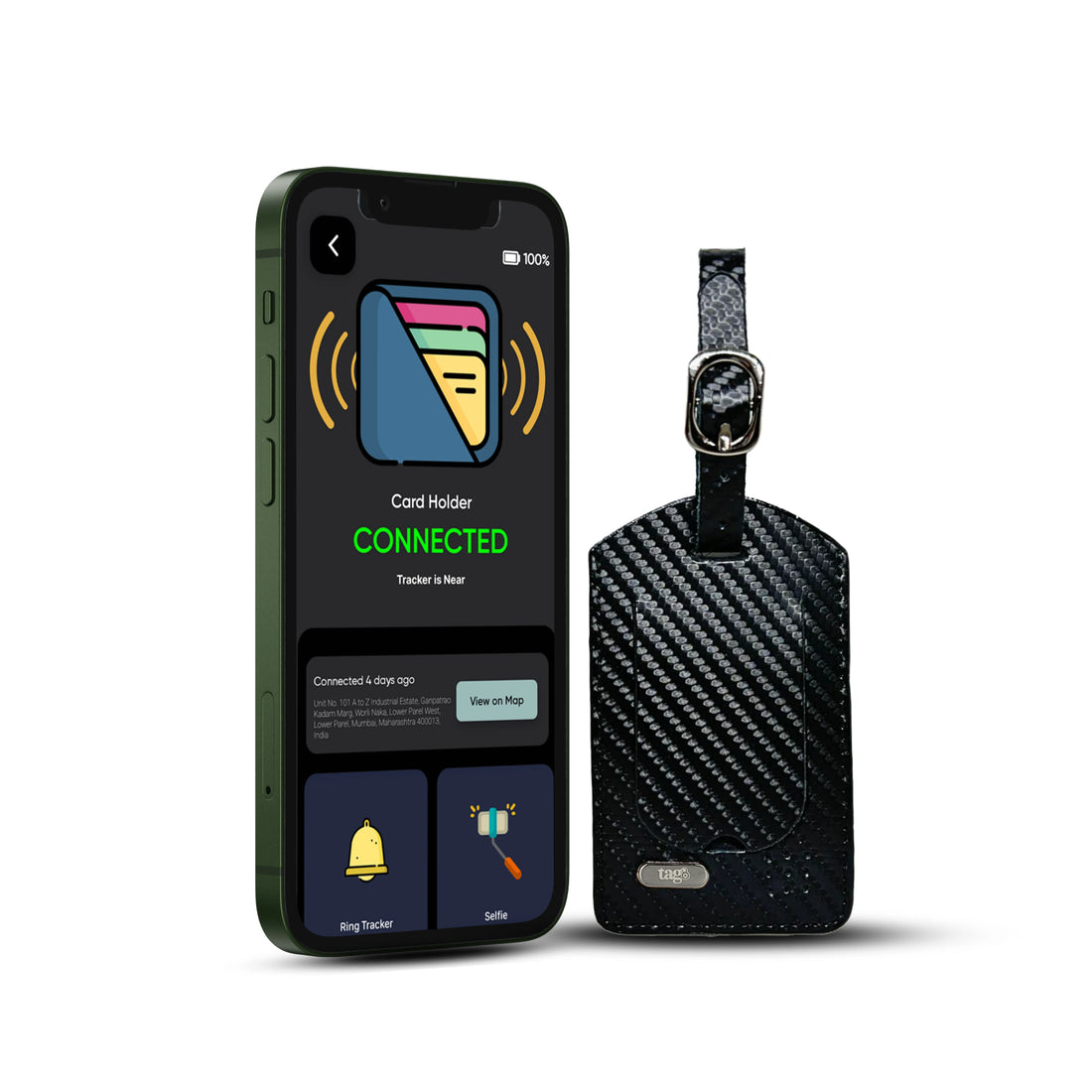 tag8 Luggage Tracker featuring a sleek carbon fiber case for real-time tracking