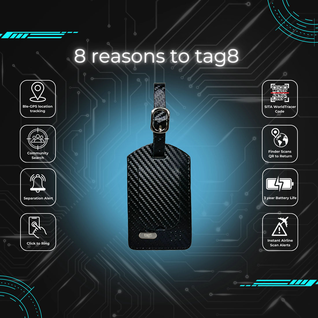 tag8 Luggage Tracker featuring a sleek carbon fiber case for real-time tracking